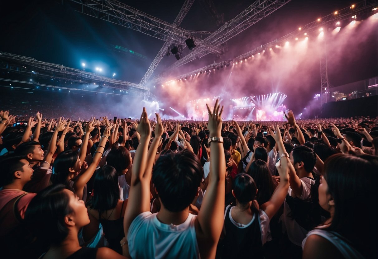 Crowd cheers at the TWICE concert in Singapore, colorful stage lights flash, and the group performs on a grand stage
