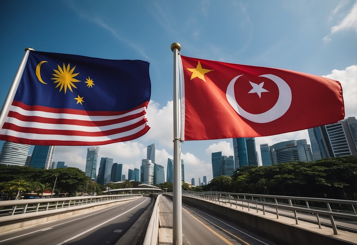 Singapore and Malaysia flags flying side by side, with a bridge connecting the two countries and bustling trade activity along the border