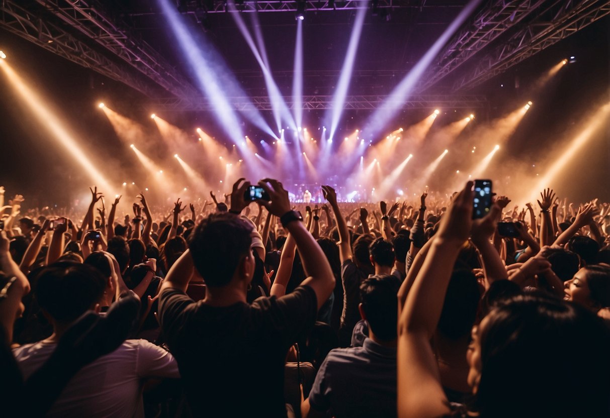 Crowd cheers as stage lights illuminate band on stage at Event Details twice concert in Singapore. Music fills the air as fans sing along