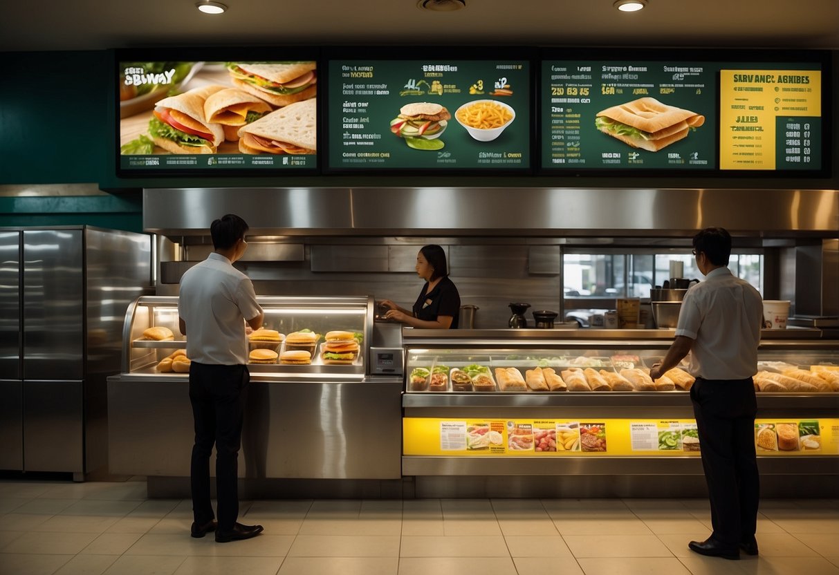 Customers at Subway Singapore order from a digital menu board, selecting ingredients for their sandwiches. Staff prepare the orders behind the counter