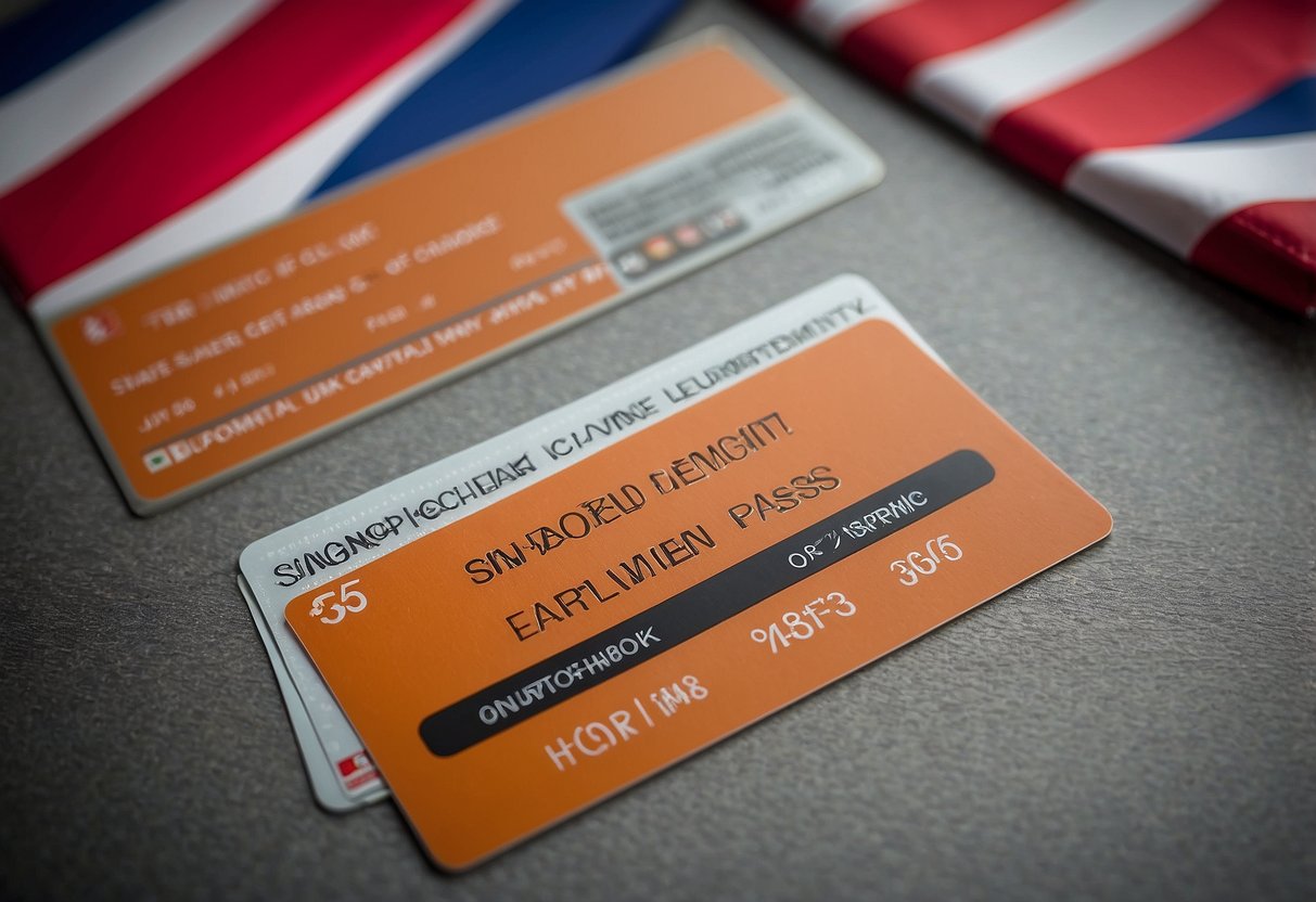 Various work passes (Employment Pass, S Pass, Work Permit, etc.) displayed with Singaporean flag in background