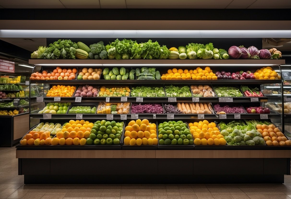 A vibrant display of fresh vegetables and colorful fruits at a Subway store in Singapore. The shelves are stocked with nutritious ingredients, inviting customers to make healthy choices