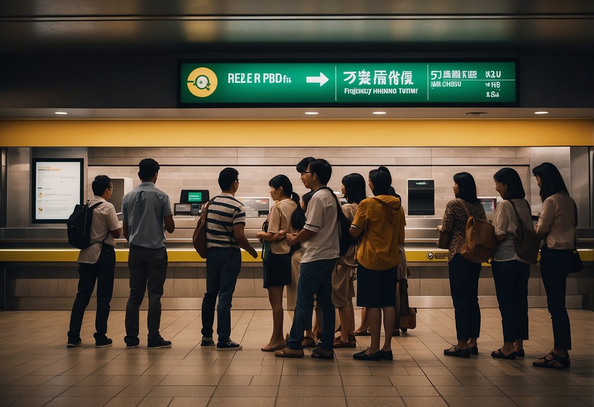 People lining up at a subway ticket counter in Singapore, with a sign overhead reading "Frequently Asked Questions"