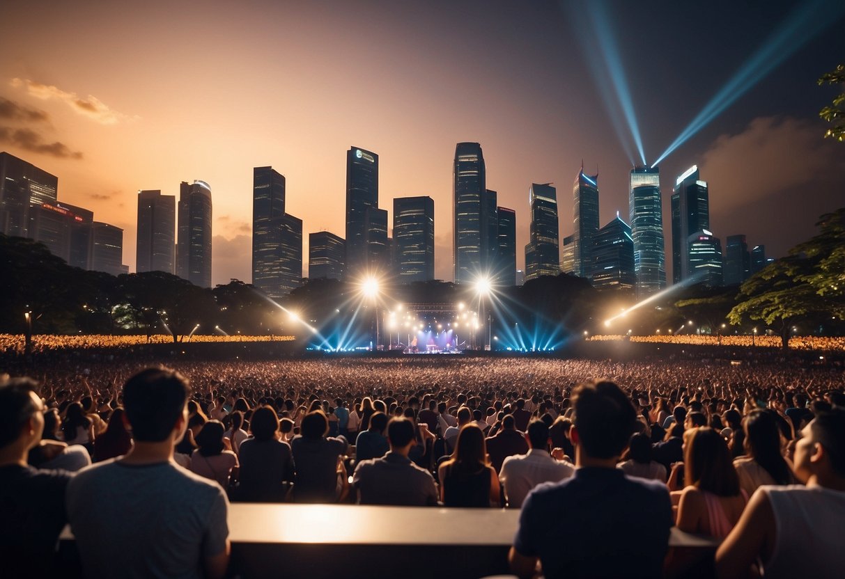 Crowd cheers as spotlights illuminate stage. Band members play instruments, singer captivates audience. Singapore skyline in background