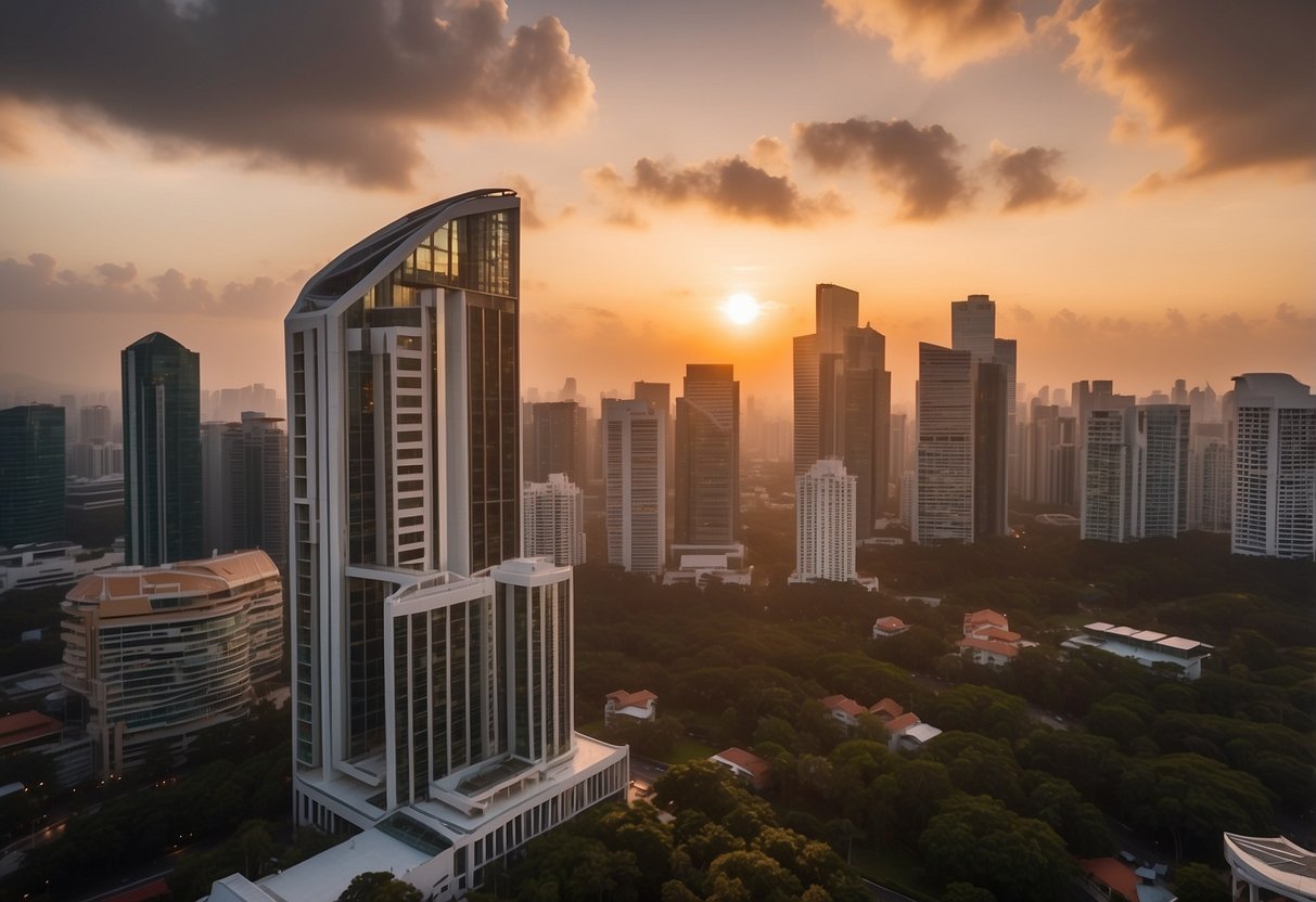The sun sets behind the iconic Light Cairnhill building in Singapore, casting a warm glow on its sleek, modern architecture