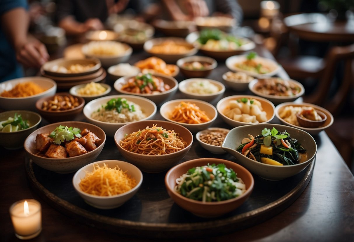 A table filled with colorful and aromatic dishes, showcasing Tan Yu's signature flavors and textures. A bustling atmosphere with diners enjoying the culinary experience