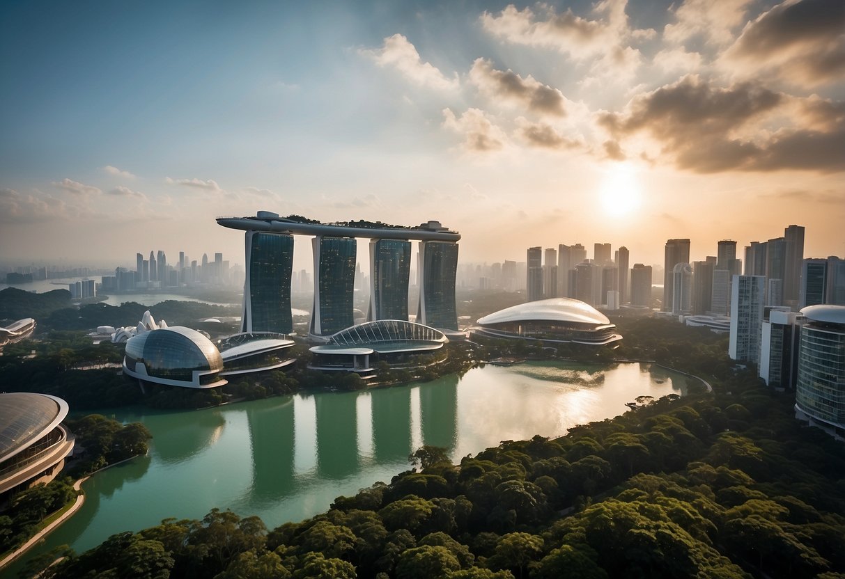 Aerial view of The Light @ Cairnhill, with modern architecture, lush greenery, and a sparkling pool, set against the backdrop of the Singapore skyline