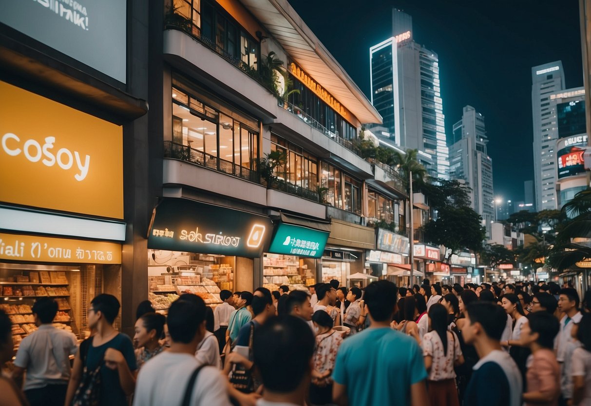 A bustling street in Singapore with colorful storefronts and bustling crowds