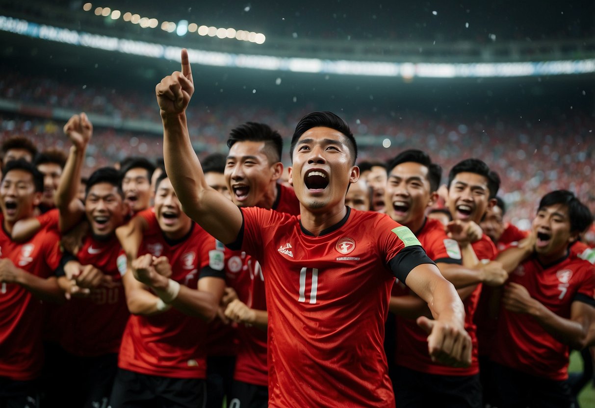 Singapore's national team celebrates a goal in the Suzuki Cup, surrounded by cheering fans in a packed stadium