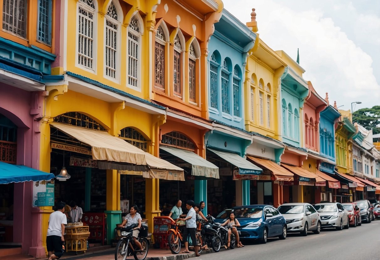 Colorful shophouses line Trengganu Street, with intricate architectural details and vibrant facades. The street is bustling with activity, as locals and tourists browse the various shops and eateries