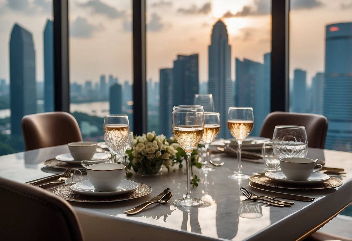 A table set with elegant dinnerware and a view of the Singapore skyline through a floor-to-ceiling window