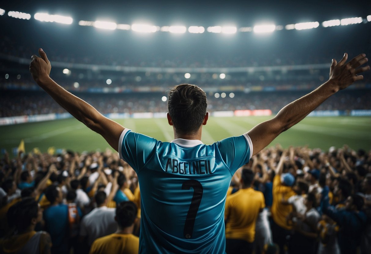The stadium roared as the winning goal was scored, fans waving flags and cheering. The atmosphere was electric, with players celebrating and the crowd going wild