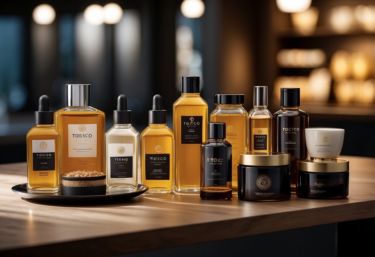 A table displaying various tocco toscano products with the brand logo prominently featured. Bright lighting and clean, modern display setup