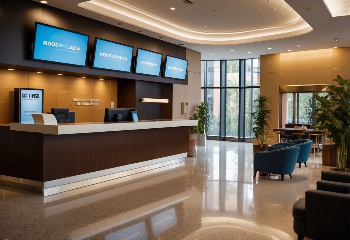 A bustling lobby with a reception desk, comfortable seating, and a prominent FAQ display. Bright, natural light streams in through large windows, creating a warm and inviting atmosphere