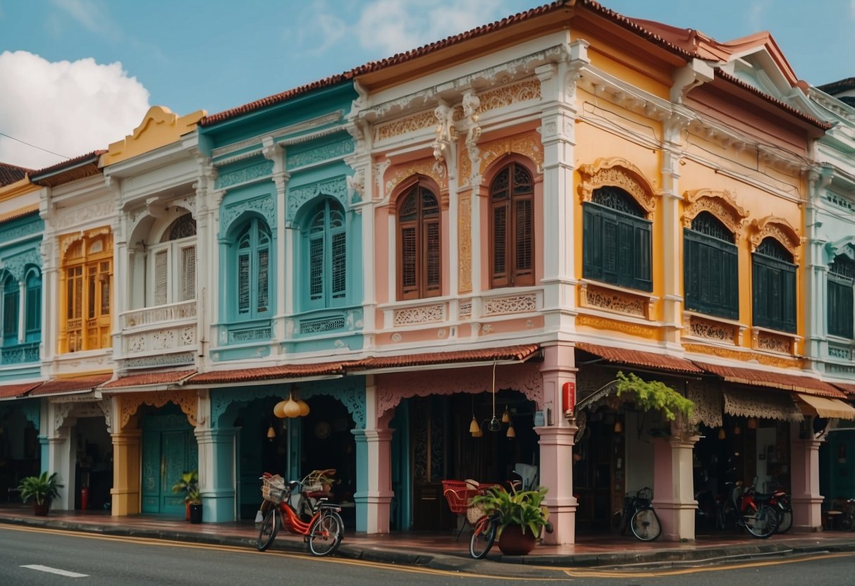 Trengganu Street, Singapore. Vibrant colors of Peranakan shophouses. Intricate details of traditional Chinese and Malay architecture. Rich history and culture