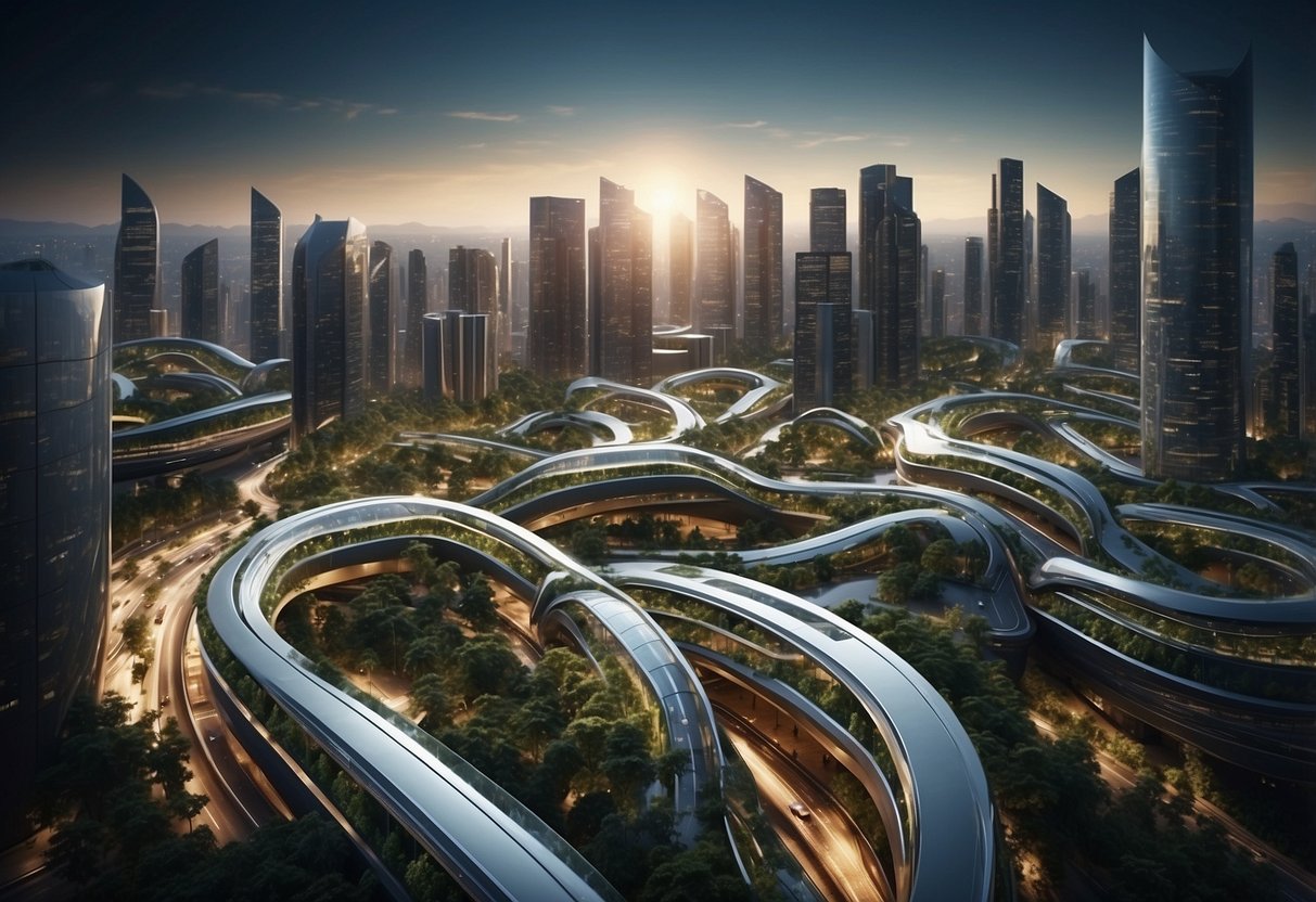 A bustling cityscape with modern architecture, green spaces, and innovative transportation systems, showcasing sustainability and innovation