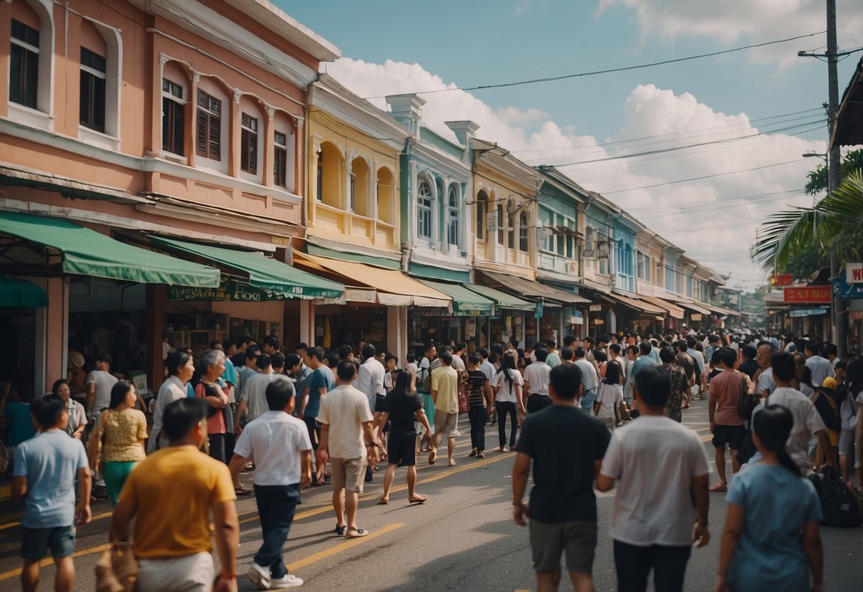 A bustling street in Trengganu, Singapore, with colorful shopfronts and a crowd of people asking questions