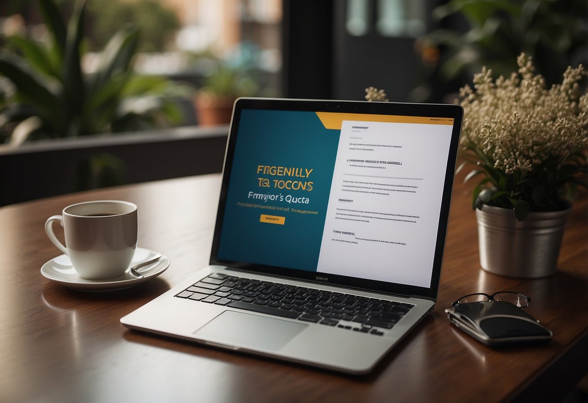 A table with a laptop, a notepad, and a pen. A sign with "Frequently Asked Questions tocco toscano singapore" displayed prominently