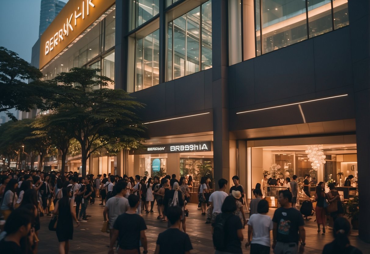 A bustling street in Singapore, with the iconic Bershka storefront standing out among the vibrant lights and bustling crowds