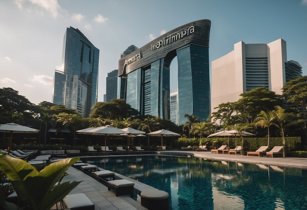 The Amara Hotel in Singapore gleams in the sunlight, its modern architecture standing out against the city skyline. The lush greenery and serene pool add to the luxurious ambiance