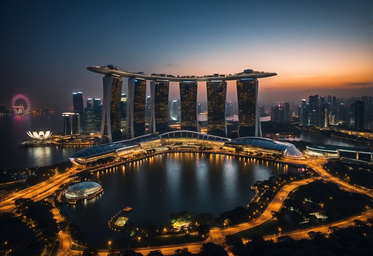 The bustling city of Singapore at night, with illuminated skyscrapers and bustling streets