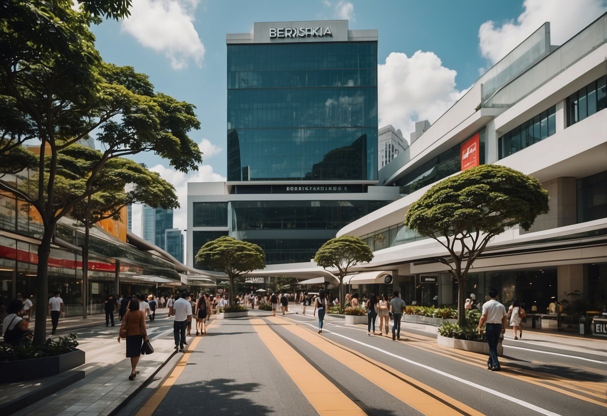 A bustling street in Singapore, with a modern Bershka store standing out among the other shops, its sleek design and vibrant signage drawing in shoppers