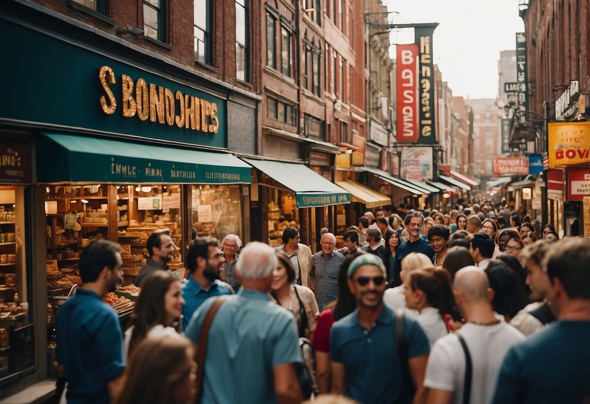 A bustling street filled with colorful, bustling storefronts and vibrant signage, with people milling about and engaging in lively conversation