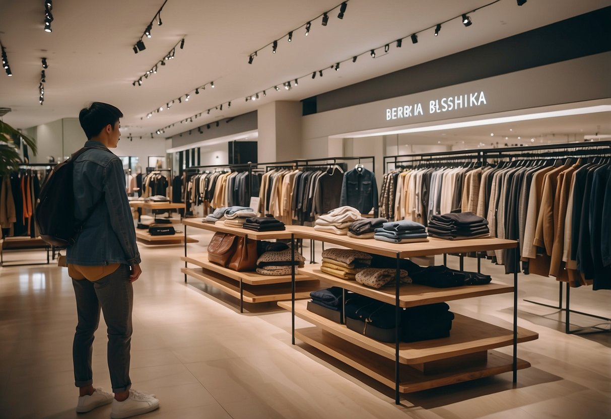 Customers browsing racks of trendy clothing in a modern, well-lit store with sleek displays and vibrant merchandise at Bershka Singapore