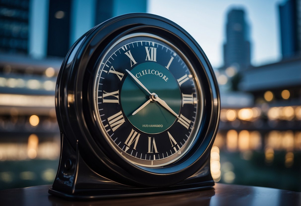 The scene depicts a clock showing the current time in Singapore, with clear and legible numbers. The background should include elements that represent the city's culture and landmarks