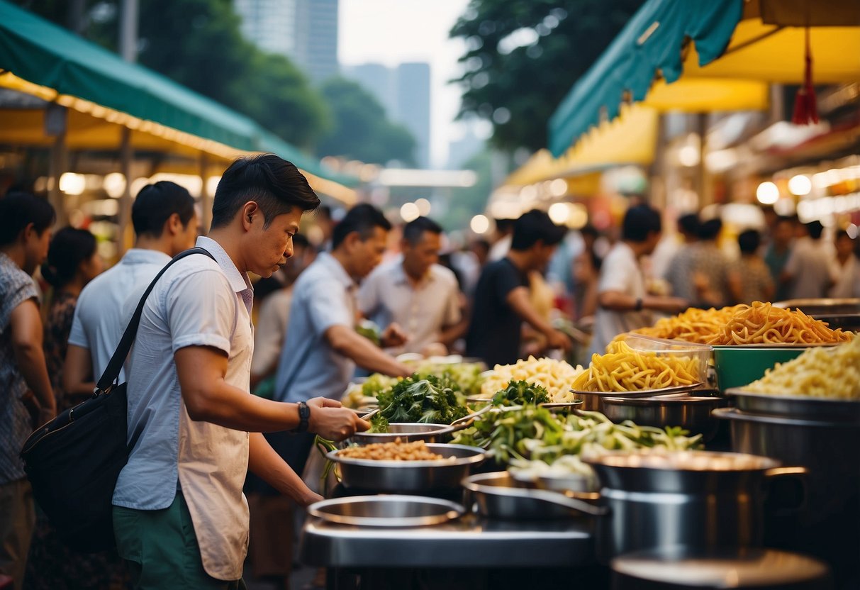 A bustling hawker center in Singapore, with colorful stalls and a diverse crowd enjoying the famous Chatterbox cuisine