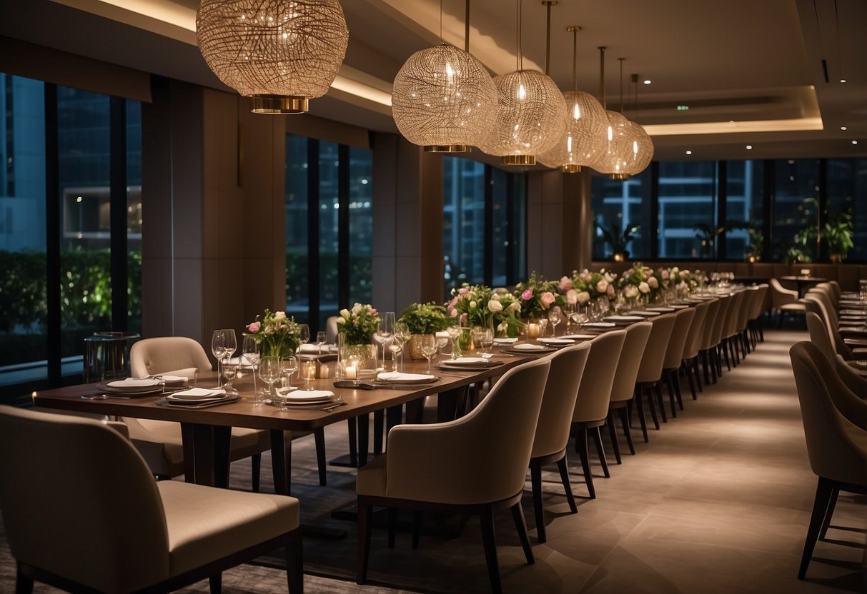 The elegant dining area at Amara Hotel Singapore is filled with beautifully set tables and soft ambient lighting, creating a warm and inviting atmosphere for guests to enjoy their meals