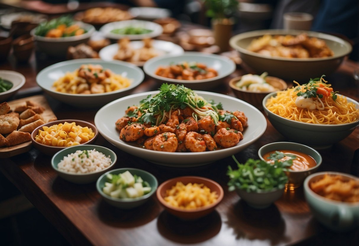 A table filled with colorful and delicious dishes, surrounded by happy chatter and laughter in the bustling atmosphere of Chatterbox in Singapore