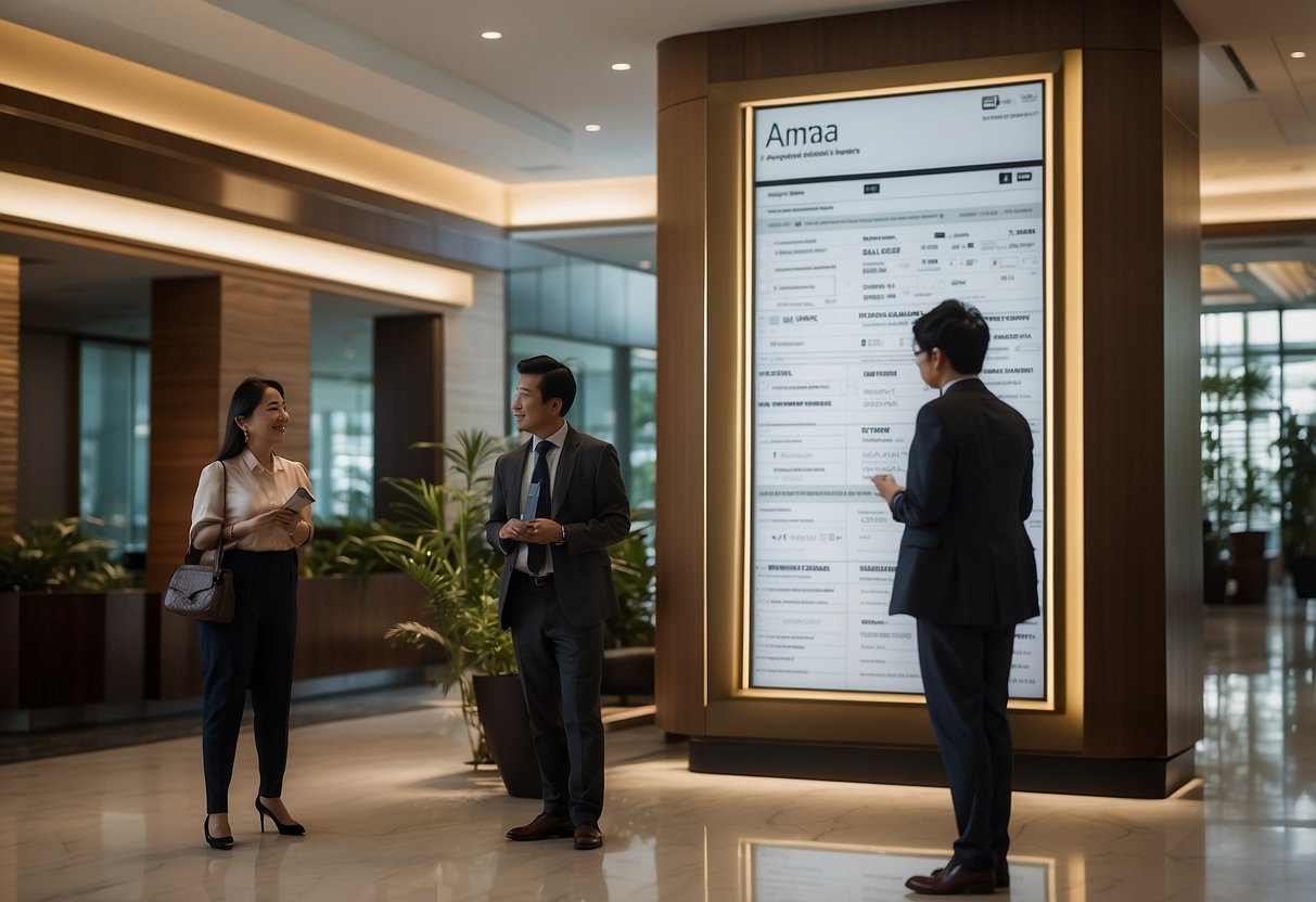 Guests at Amara Hotel Singapore consult a FAQ board in the lobby, while staff assist others nearby