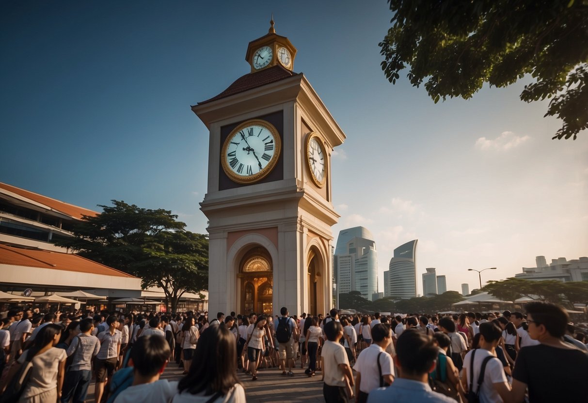 The clock tower in Singapore displays the current time, surrounded by a crowd of people seeking information