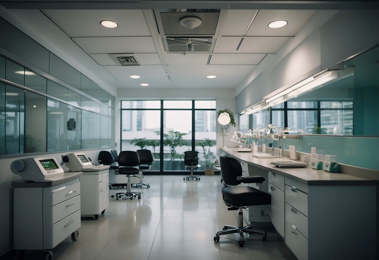 A clinic in Singapore administers Sinovac vaccine to patients in a clean, well-lit space with medical equipment and signage