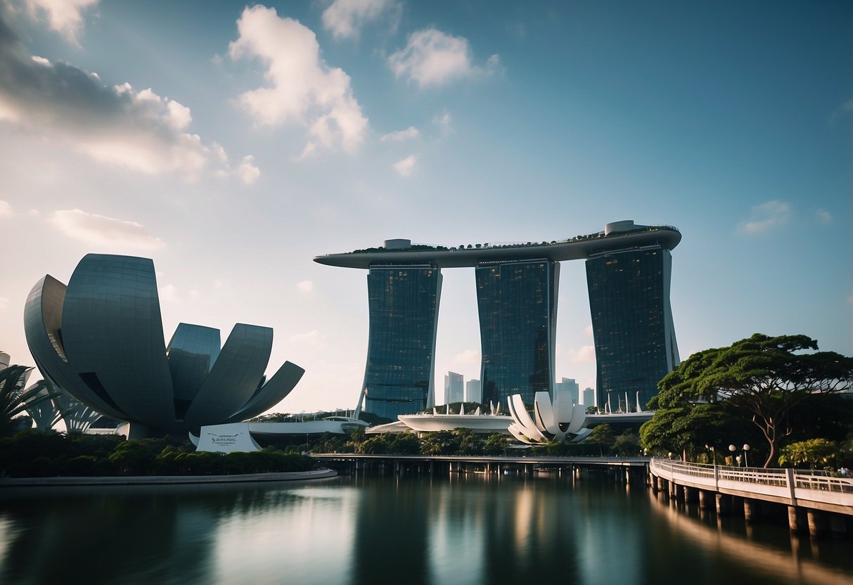 A bustling cityscape of modern buildings, with the iconic Marina Bay Sands and the Singapore Flyer towering over the skyline. Waterfront promenades and lush greenery add to the vibrant urban scene