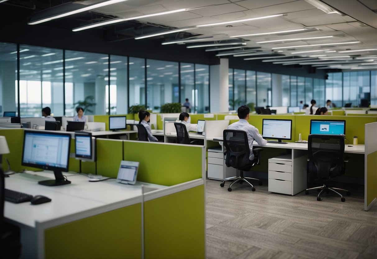 A person walking through a modern, bustling office space at SQ Services in Singapore, with employees collaborating and working at their desks
