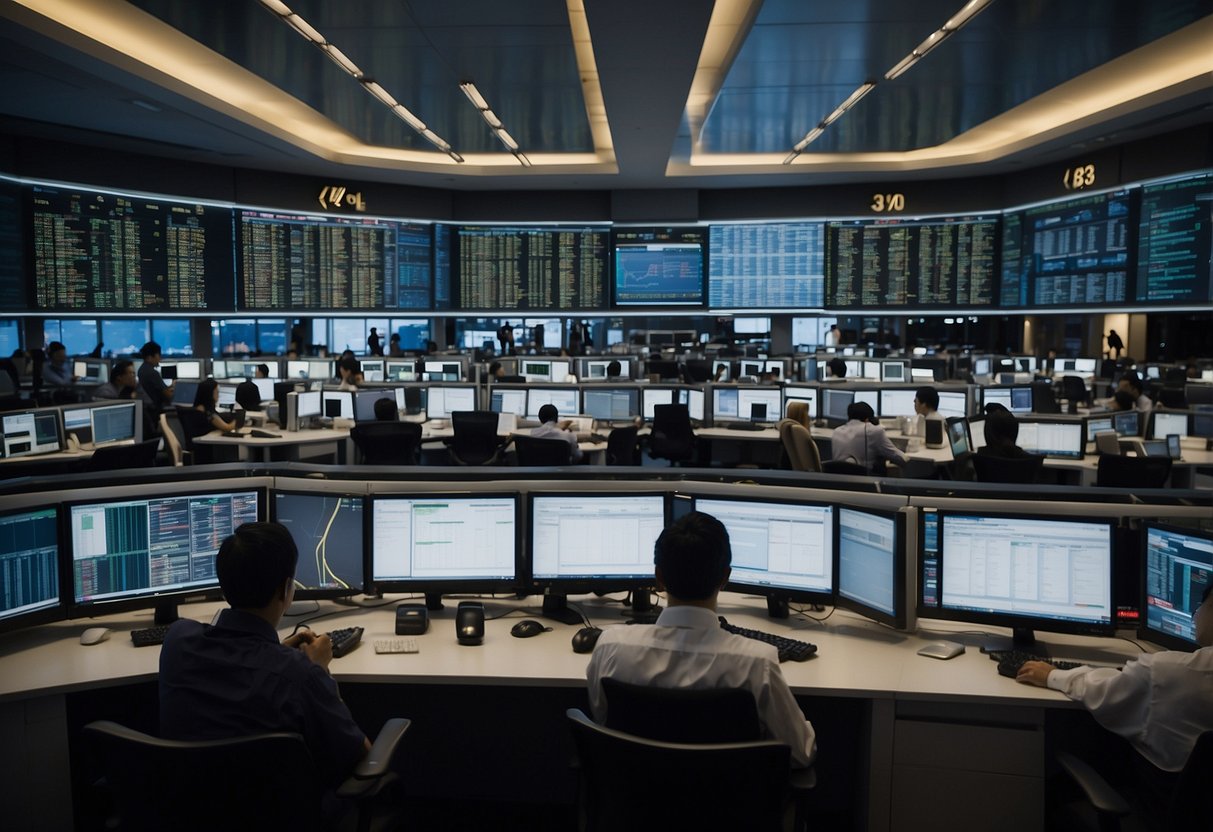 A bustling stock exchange in Singapore with traders at their desks, screens displaying market data, and a backdrop of city skyline
