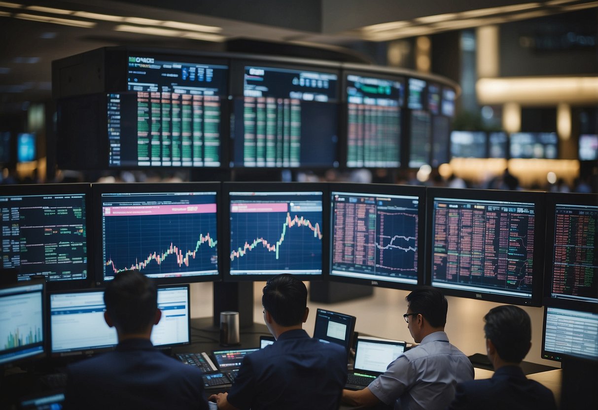 A bustling stock exchange floor in Singapore, with traders analyzing data on screens and making quick transactions