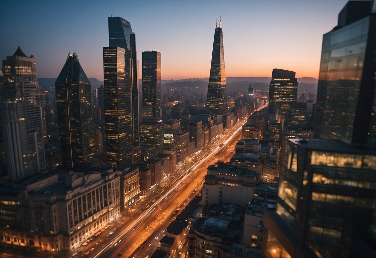 A bustling cityscape with iconic landmarks and modern architecture, surrounded by bustling streets and vibrant city life
