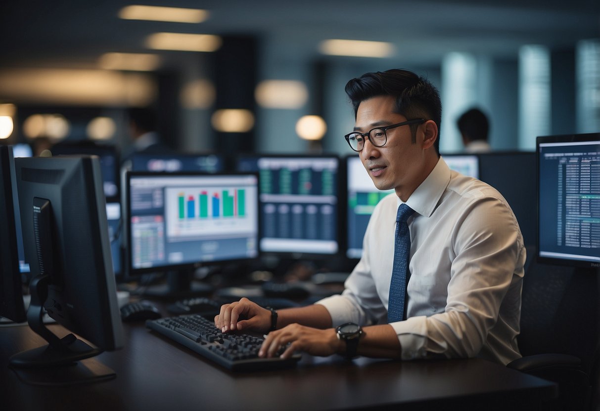 A stock broker in Singapore answering common questions from clients, with a computer and phone on their desk