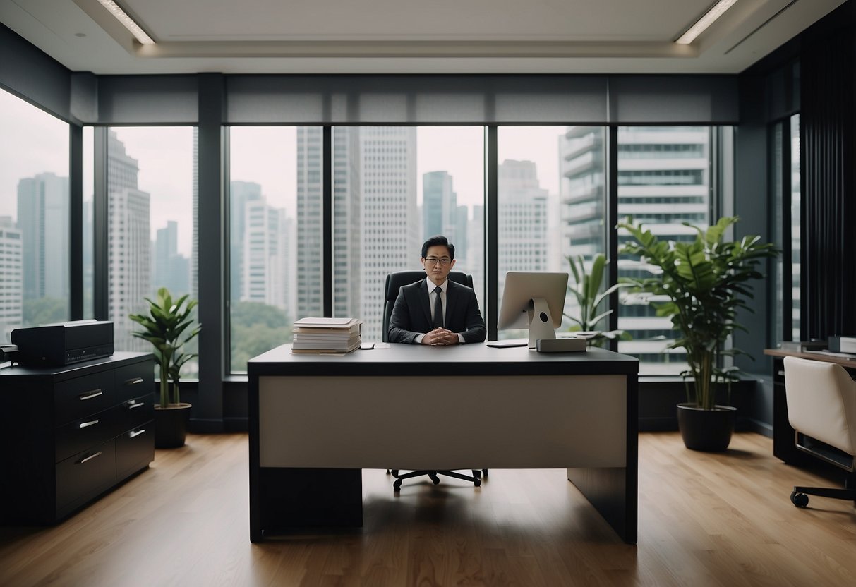 A divorce lawyer in Singapore sits behind a desk, surrounded by legal documents and a computer. The office is modern and professional, with neutral colors and minimal decor