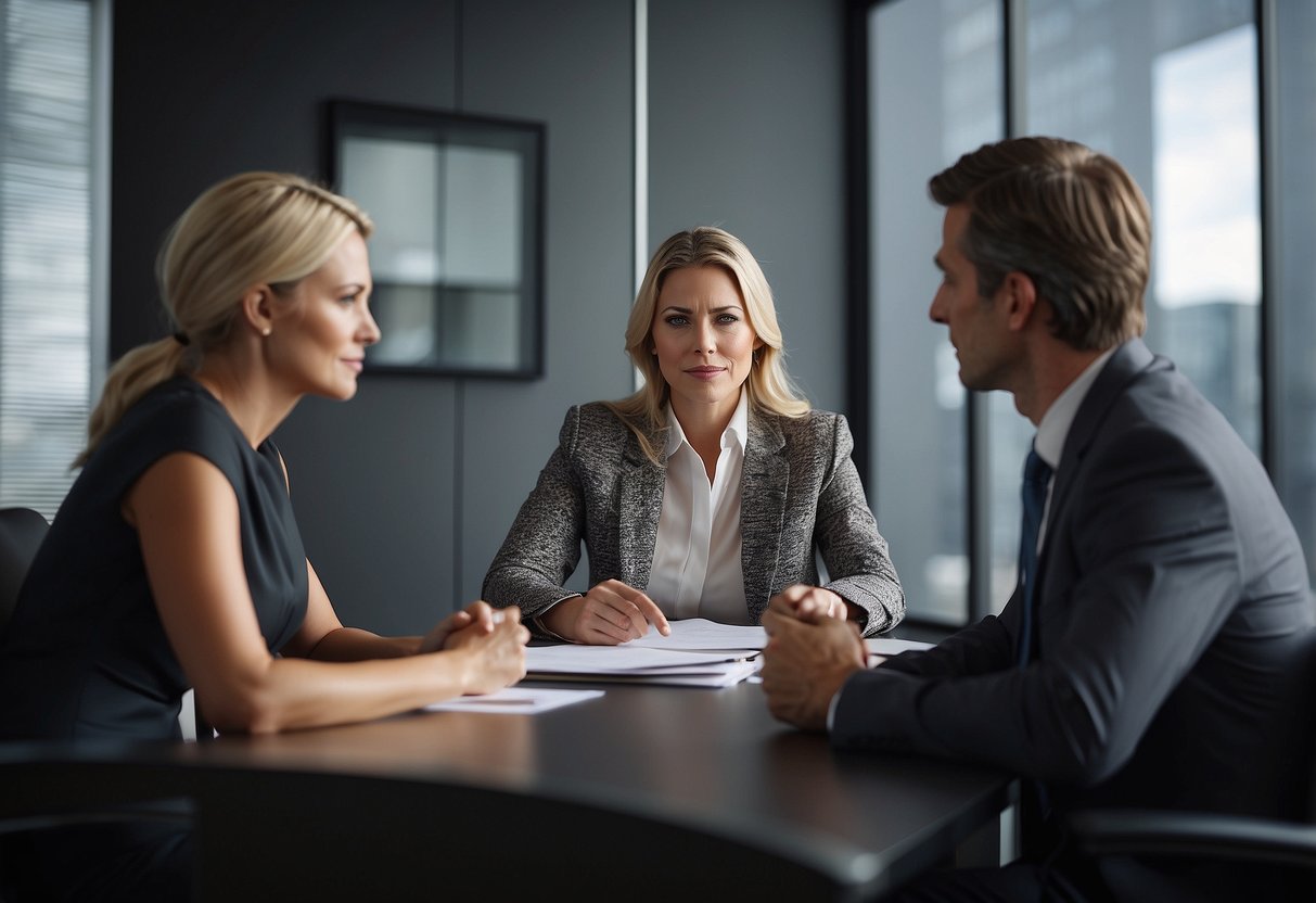 A couple sits across from a divorce lawyer in a modern office, discussing legal matters with serious expressions