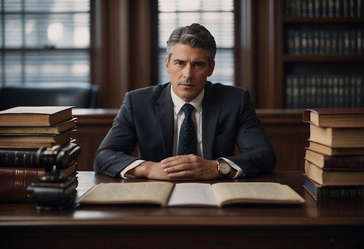 A lawyer sitting at a desk, reviewing legal documents with a serious expression. A scale of justice and law books in the background
