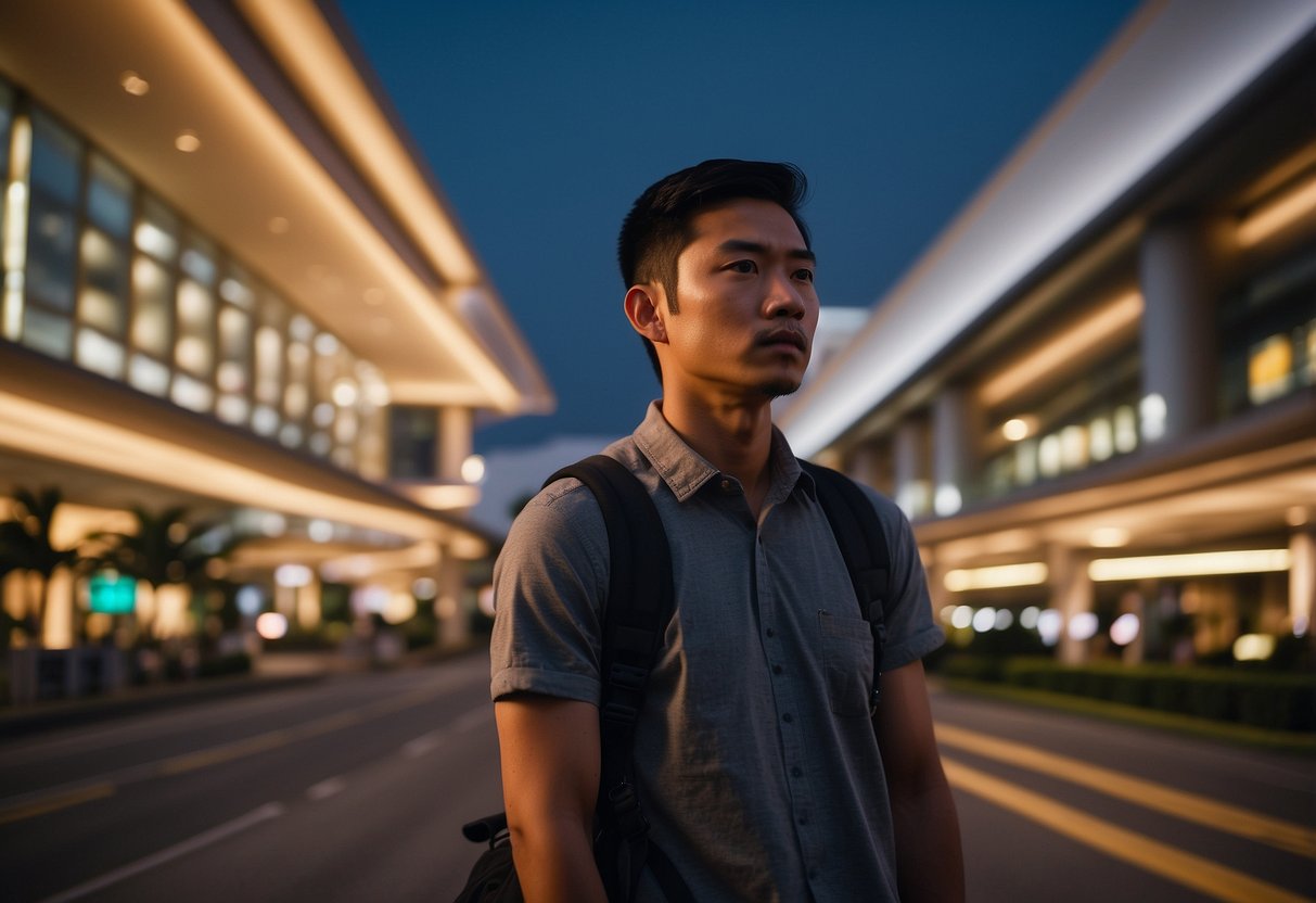 A traveler stands at a crossroads, pondering between luxurious and budget-friendly Changi hotels near Singapore airport. The bright lights and sleek architecture of the upscale options contrast with the cozy, inviting atmosphere of the more affordable accommodations