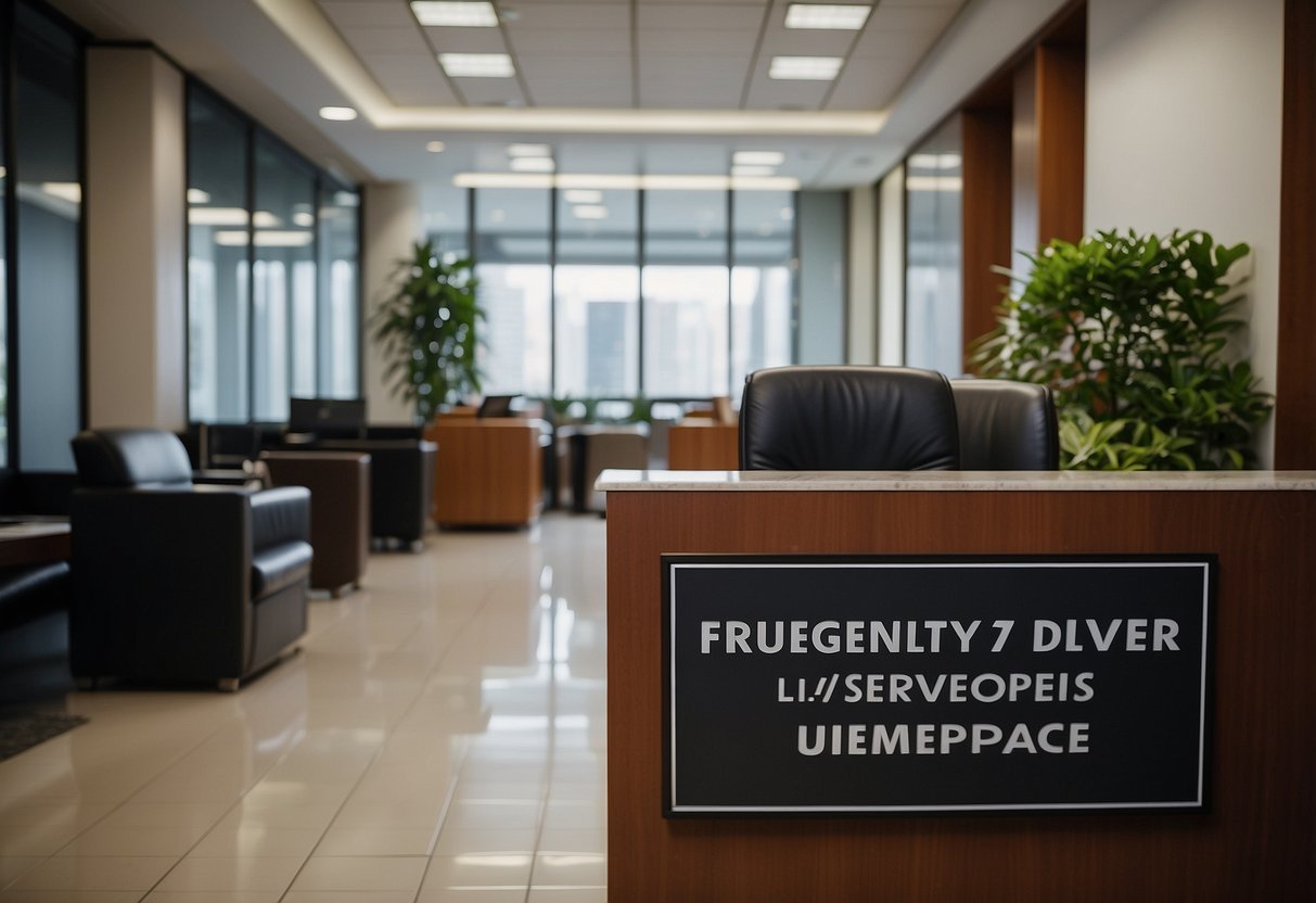 A lawyer's office with a sign "Frequently Asked Questions divorce lawyer singapore" on the door. A receptionist sits at a desk, answering calls