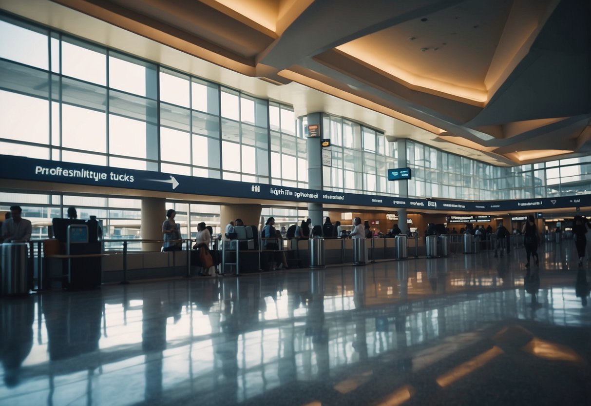 Passengers navigating through airport facilities, with hotels and services nearby