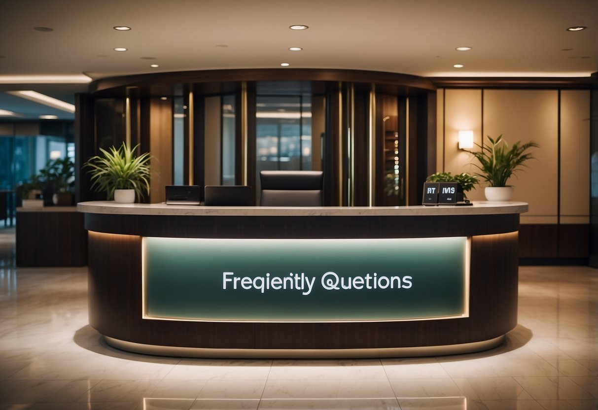 A hotel reception desk with a sign reading "Frequently Asked Questions" near Singapore airport