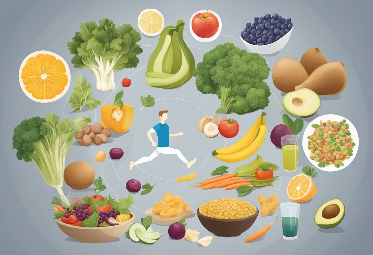 A table with a variety of healthy foods, a person exercising, and a diagram showing the gut-hormone axis