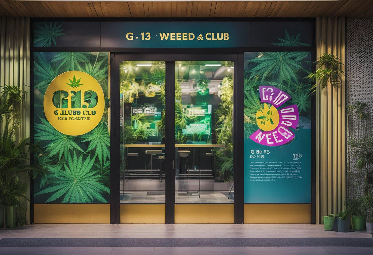 A colorful sign with the words "G13 Weed Club Ibiza" hangs above a doorway. People come and go, entering the club to access cannabis products